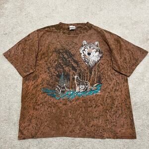 Vintage 90s Rag Tops Wold Pack Nature Tye Dye Brown Shirt XL